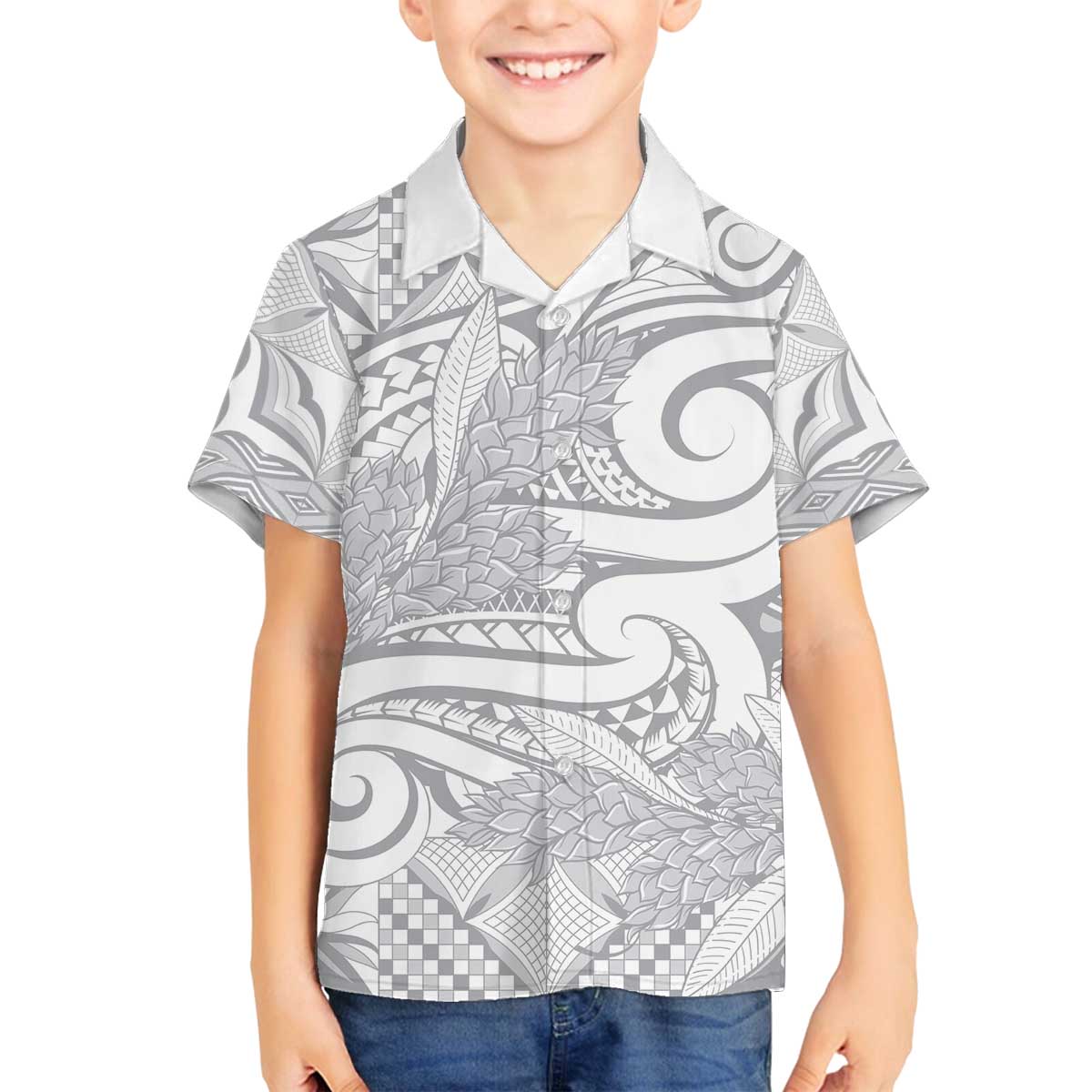 Lotu Tamaiti Samoa Siapo Family Matching Off Shoulder Short Dress and Hawaiian Shirt White Sunday With Teuila Torch Ginger LT9 Son's Shirt White - Polynesian Pride