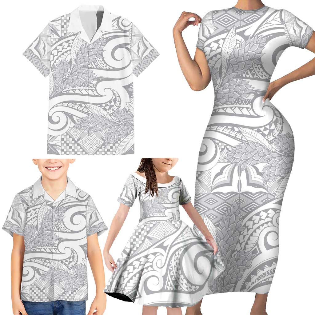 Lotu Tamaiti Samoa Siapo Family Matching Short Sleeve Bodycon Dress and Hawaiian Shirt White Sunday With Teuila Torch Ginger LT9 - Polynesian Pride