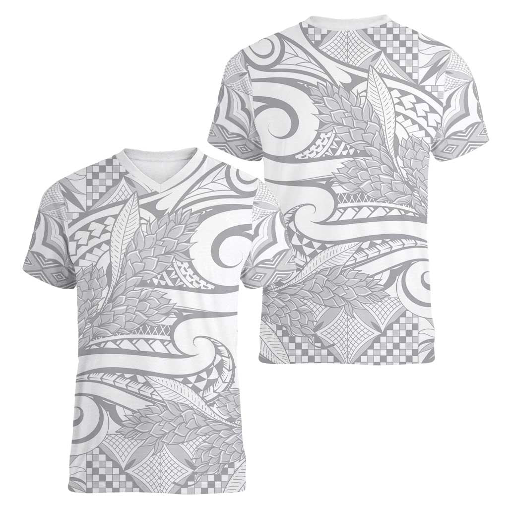 Lotu Tamaiti Samoa Siapo Women V-Neck T-Shirt White Sunday With Teuila Torch Ginger LT9 - Polynesian Pride