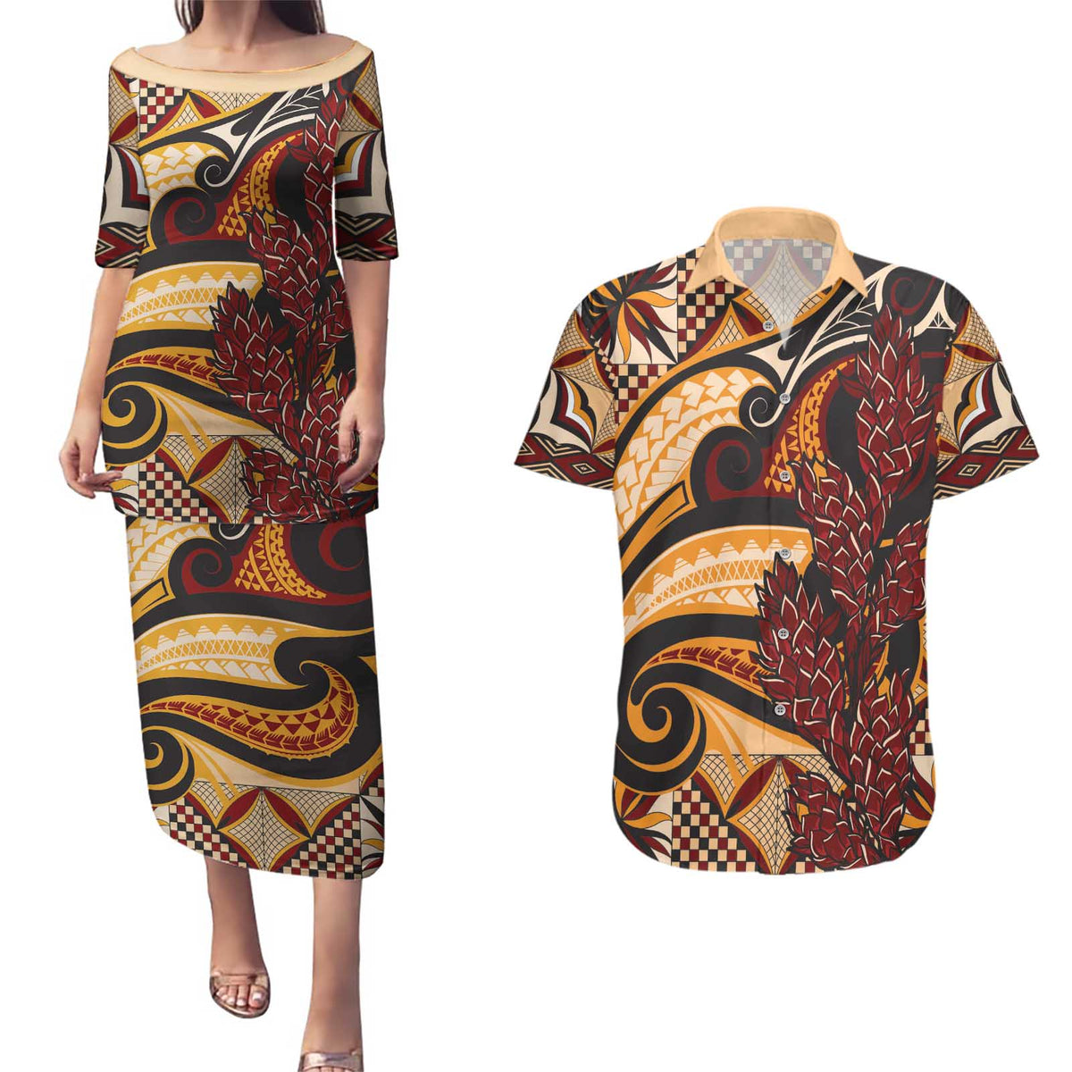 Vintage Samoa Siapo Couples Matching Puletasi and Hawaiian Shirt With Teuila Torch Ginger