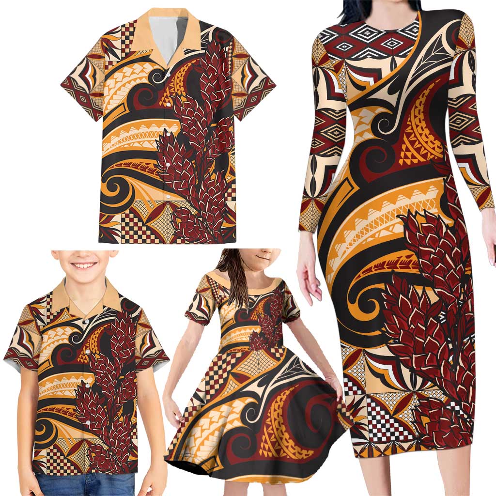 Vintage Samoa Siapo Family Matching Long Sleeve Bodycon Dress and Hawaiian Shirt With Teuila Torch Ginger LT9 - Polynesian Pride