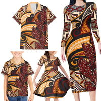 Vintage Samoa Siapo Family Matching Long Sleeve Bodycon Dress and Hawaiian Shirt With Teuila Torch Ginger LT9 - Polynesian Pride