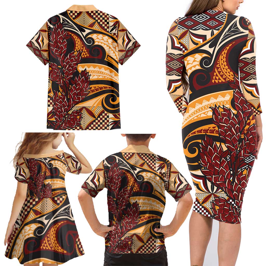 Vintage Samoa Siapo Family Matching Long Sleeve Bodycon Dress and Hawaiian Shirt With Teuila Torch Ginger LT9 - Polynesian Pride