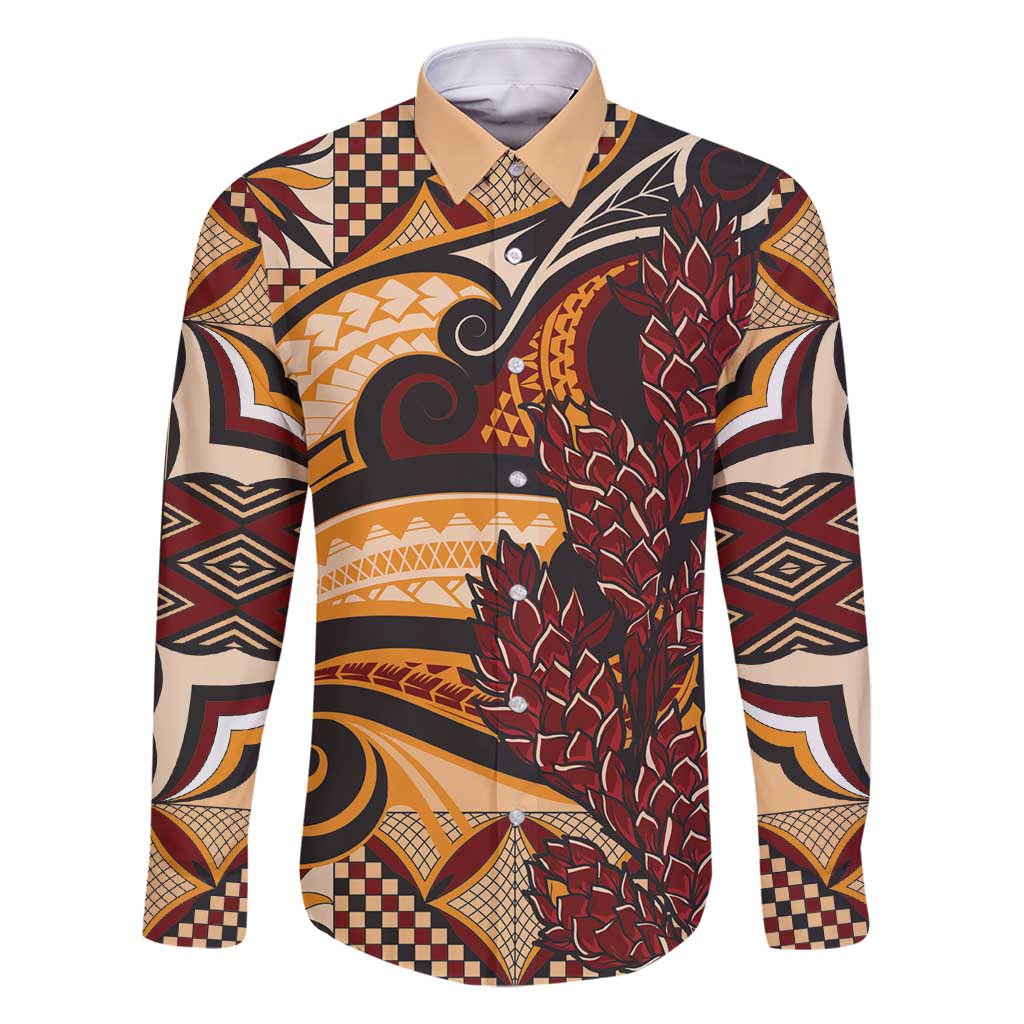 Vintage Samoa Siapo Family Matching Long Sleeve Bodycon Dress and Hawaiian Shirt With Teuila Torch Ginger LT9 Dad's Shirt - Long Sleeve Art - Polynesian Pride