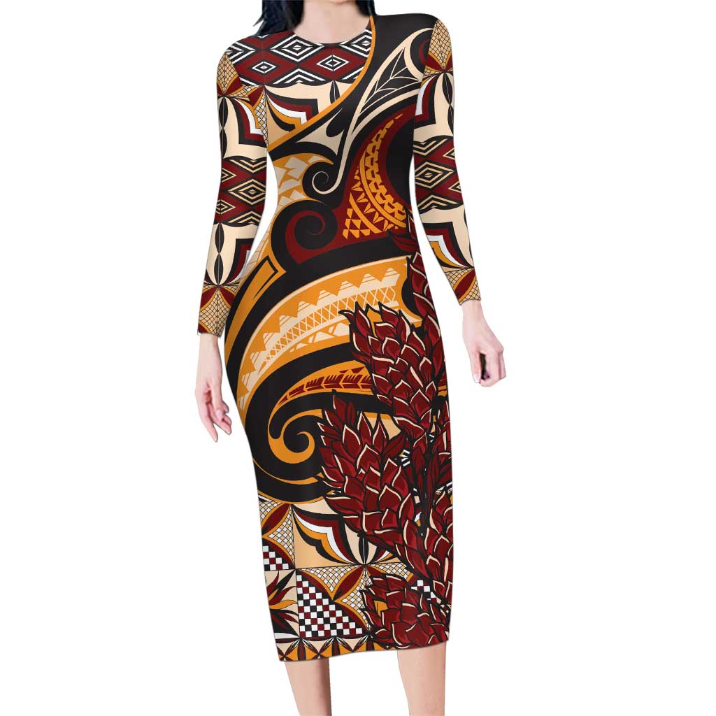 Vintage Samoa Siapo Family Matching Long Sleeve Bodycon Dress and Hawaiian Shirt With Teuila Torch Ginger LT9 Mom's Dress Art - Polynesian Pride
