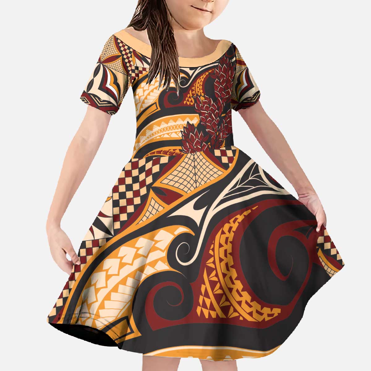 Vintage Samoa Siapo Family Matching Off The Shoulder Long Sleeve Dress and Hawaiian Shirt With Teuila Torch Ginger LT9 Daughter's Dress Art - Polynesian Pride