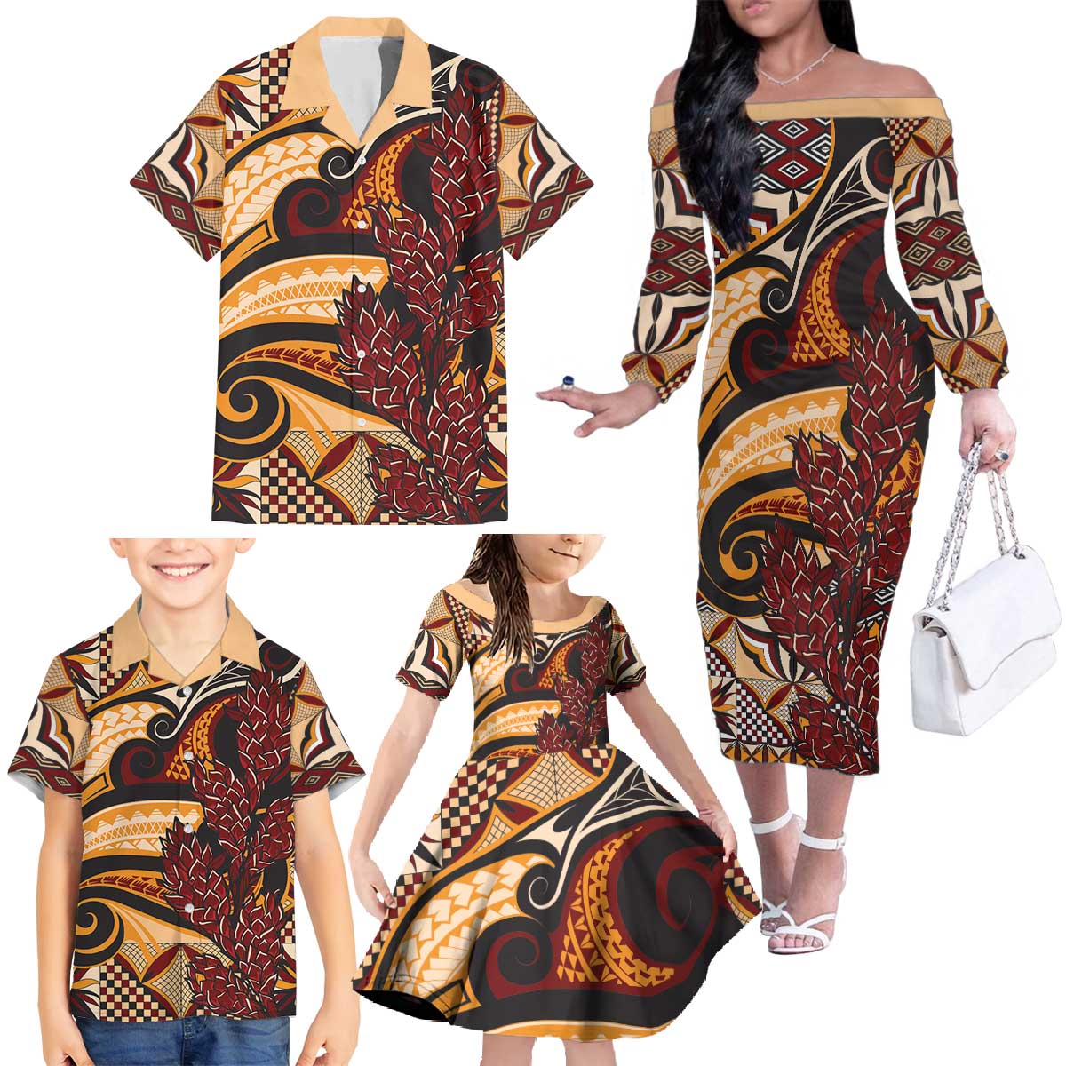 Vintage Samoa Siapo Family Matching Off The Shoulder Long Sleeve Dress and Hawaiian Shirt With Teuila Torch Ginger LT9 - Polynesian Pride