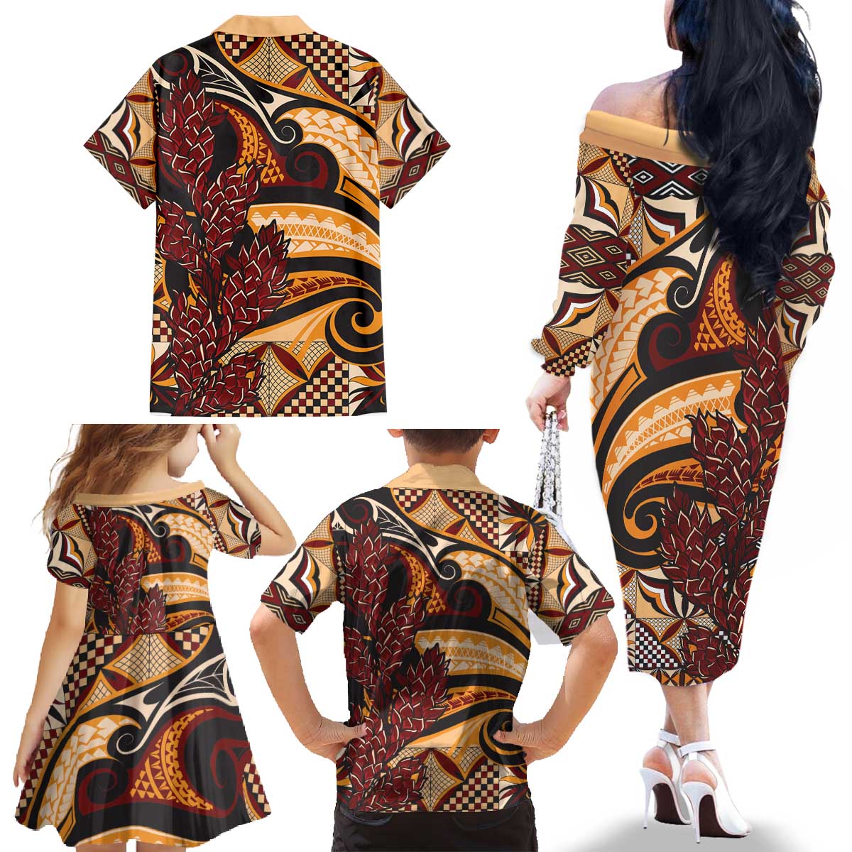 Vintage Samoa Siapo Family Matching Off The Shoulder Long Sleeve Dress and Hawaiian Shirt With Teuila Torch Ginger LT9 - Polynesian Pride