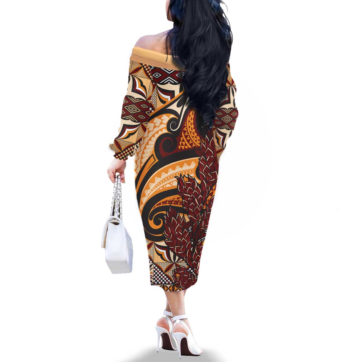 Vintage Samoa Siapo Family Matching Off The Shoulder Long Sleeve Dress and Hawaiian Shirt With Teuila Torch Ginger LT9 - Polynesian Pride