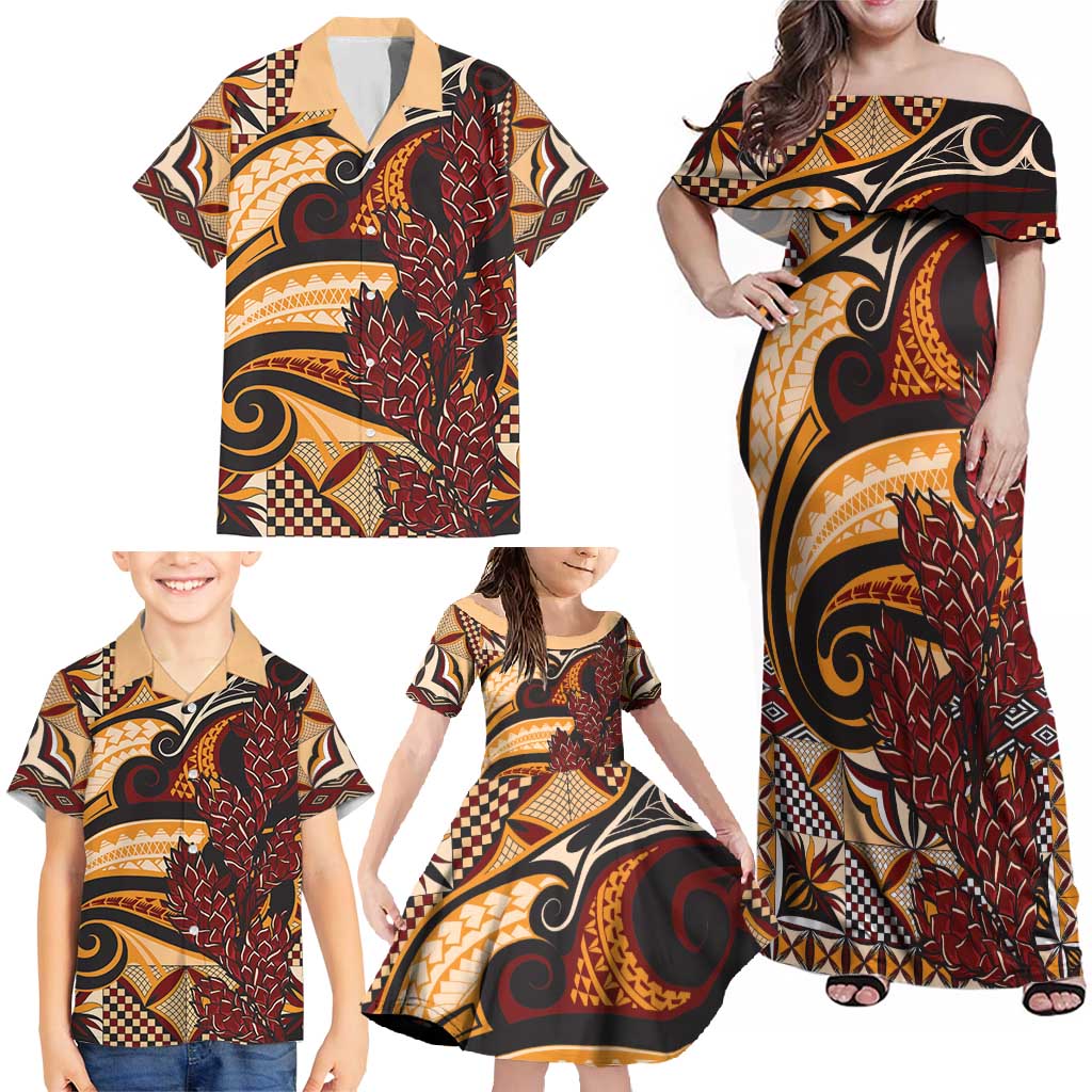 Vintage Samoa Siapo Family Matching Off Shoulder Maxi Dress and Hawaiian Shirt With Teuila Torch Ginger LT9 - Polynesian Pride