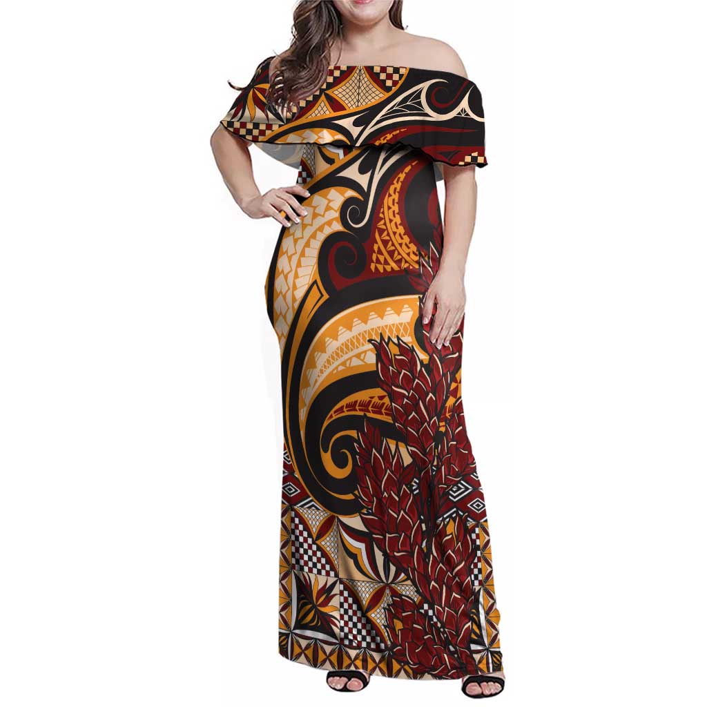 Vintage Samoa Siapo Family Matching Off Shoulder Maxi Dress and Hawaiian Shirt With Teuila Torch Ginger LT9 Mom's Dress Art - Polynesian Pride