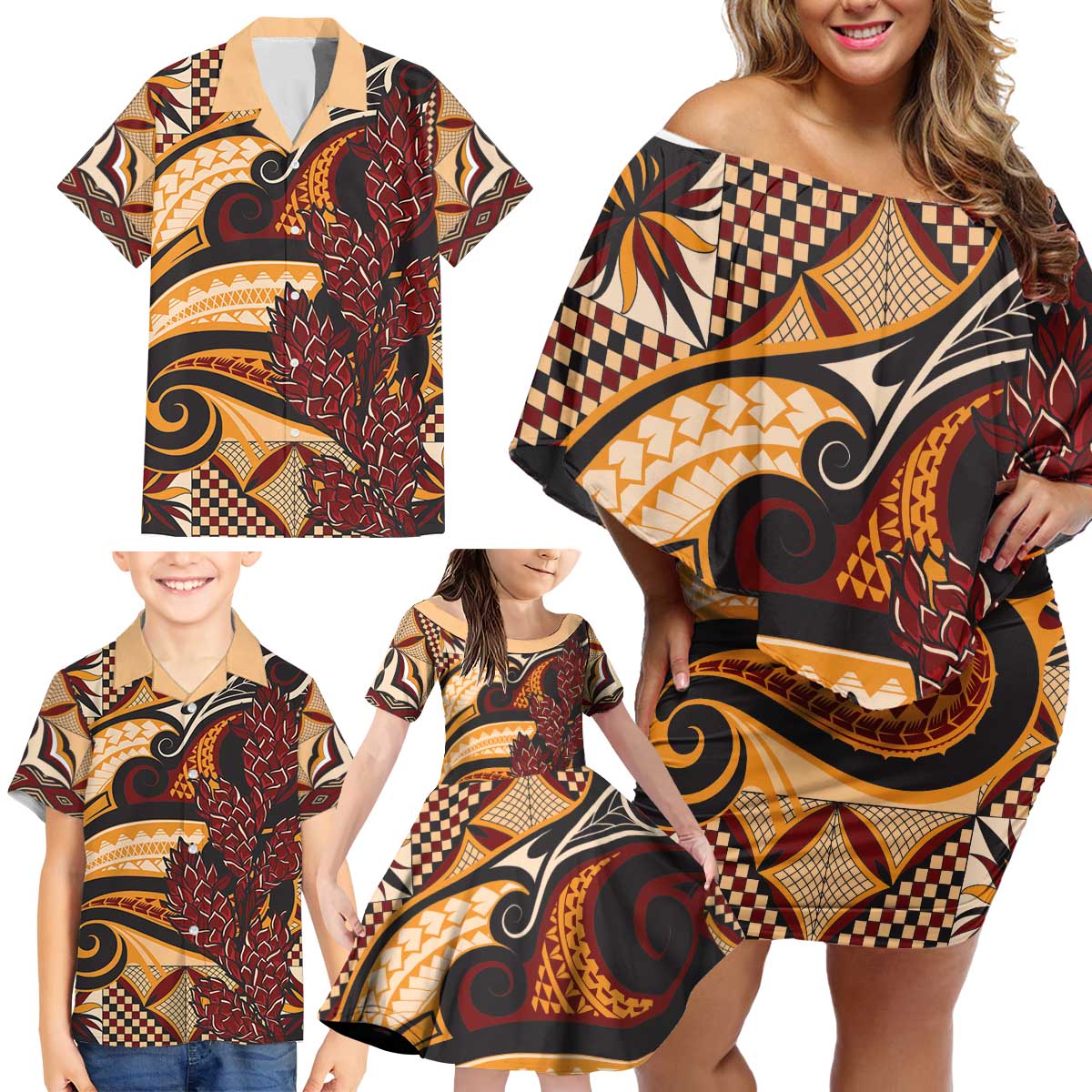 Vintage Samoa Siapo Family Matching Off Shoulder Short Dress and Hawaiian Shirt With Teuila Torch Ginger LT9 - Polynesian Pride