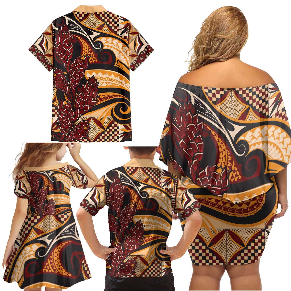 Vintage Samoa Siapo Family Matching Off Shoulder Short Dress and Hawaiian Shirt With Teuila Torch Ginger LT9 - Polynesian Pride