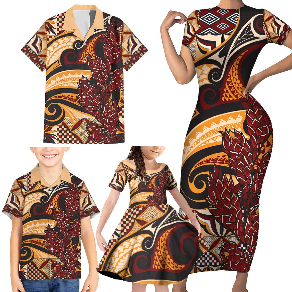 Vintage Samoa Siapo Family Matching Short Sleeve Bodycon Dress and Hawaiian Shirt With Teuila Torch Ginger LT9 - Polynesian Pride