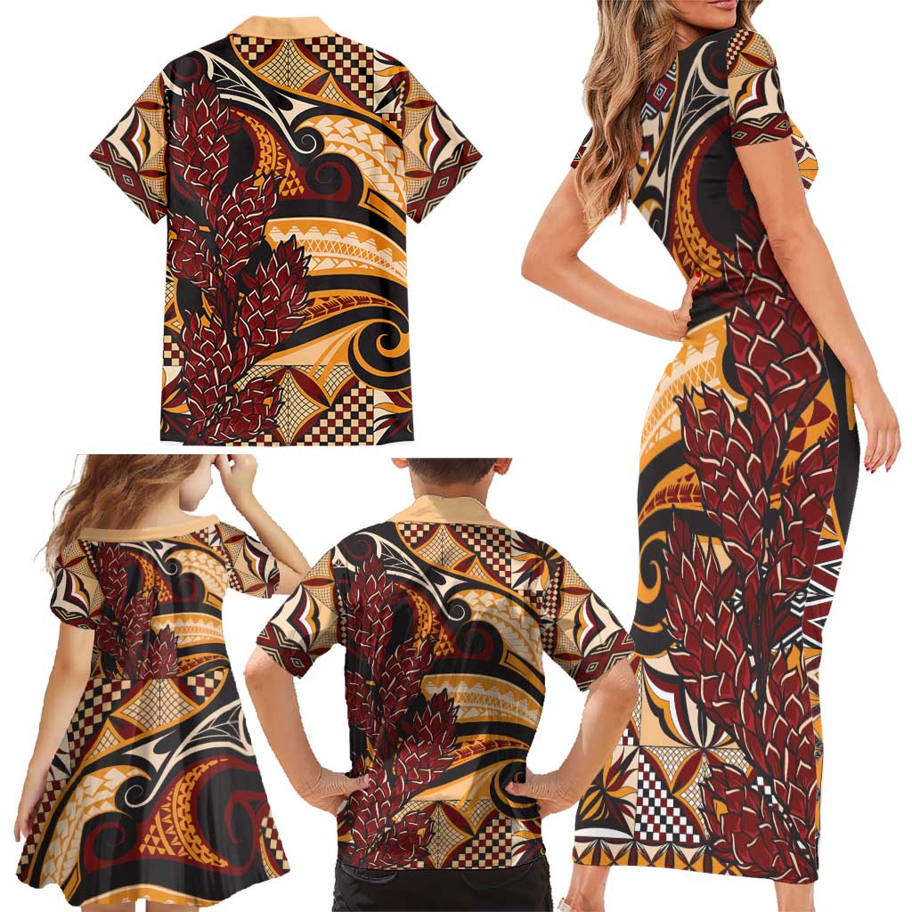 Vintage Samoa Siapo Family Matching Short Sleeve Bodycon Dress and Hawaiian Shirt With Teuila Torch Ginger LT9 - Polynesian Pride