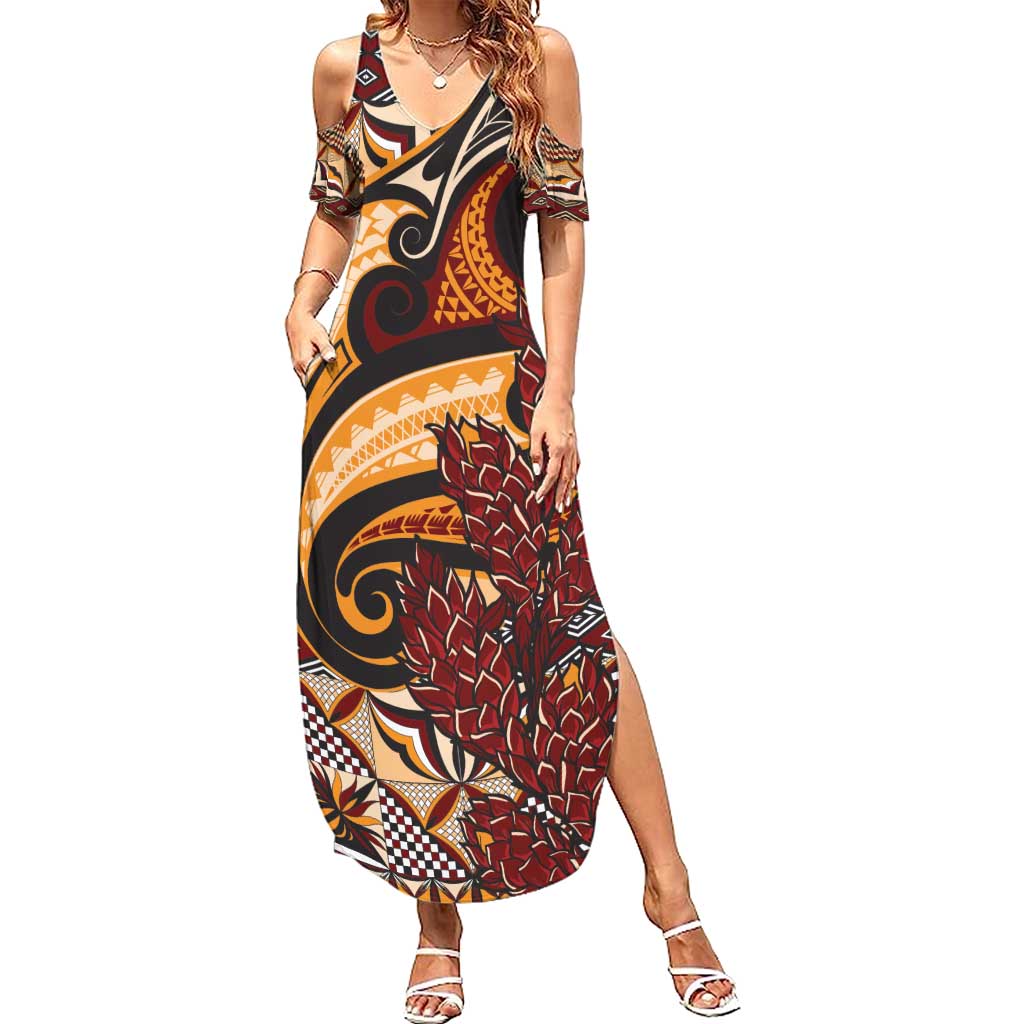 Vintage Samoa Siapo Family Matching Summer Maxi Dress and Hawaiian Shirt With Teuila Torch Ginger LT9 Mom's Dress Art - Polynesian Pride