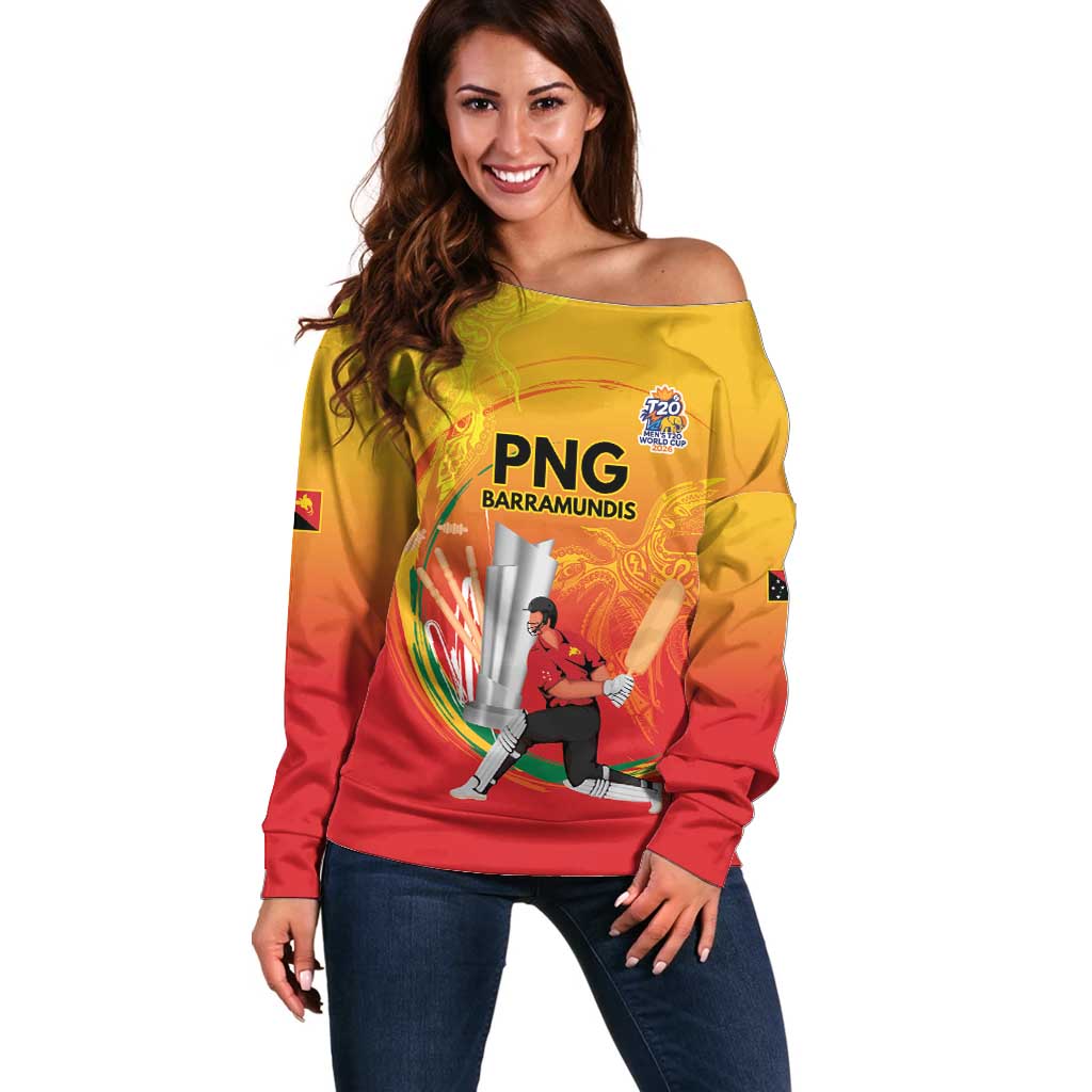 Custom Cricket PNG East Asia-Pacific Off Shoulder Sweater Papua New Guinea Rise to Power LT9 Women Gold - Polynesian Pride