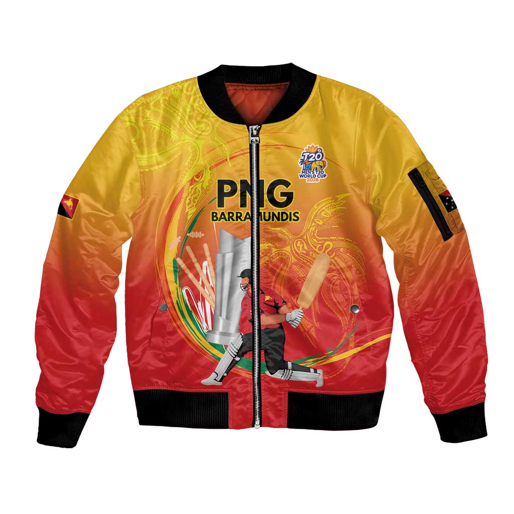 Custom Cricket PNG East Asia-Pacific Sleeve Zip Bomber Jacket Papua New Guinea Rise to Power LT9 Unisex Gold - Polynesian Pride