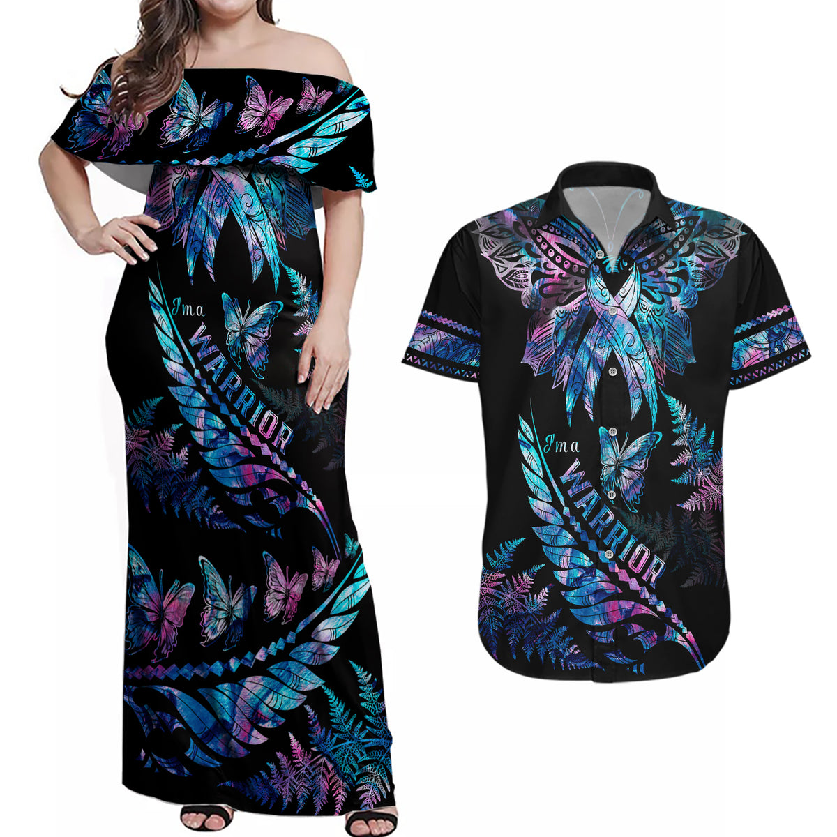 Polynesia Ribbon Butterflies Couples Matching Off Shoulder Maxi Dress and Hawaiian Shirt Silver Fern Breast Cancer With Papua Shell Pattern LT9 Black - Polynesian Pride