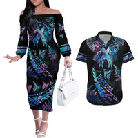 Polynesia Ribbon Butterflies Couples Matching Off The Shoulder Long Sleeve Dress and Hawaiian Shirt Silver Fern Breast Cancer With Papua Shell Pattern LT9 Black - Polynesian Pride