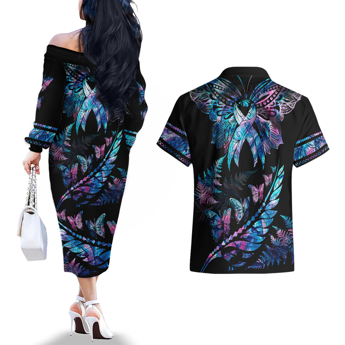 Polynesia Ribbon Butterflies Couples Matching Off The Shoulder Long Sleeve Dress and Hawaiian Shirt Silver Fern Breast Cancer With Papua Shell Pattern LT9 - Polynesian Pride