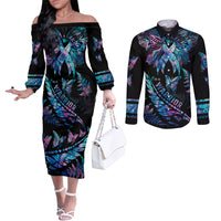 Polynesia Ribbon Butterflies Couples Matching Off The Shoulder Long Sleeve Dress and Long Sleeve Button Shirts Silver Fern Breast Cancer With Papua Shell Pattern LT9 Black - Polynesian Pride