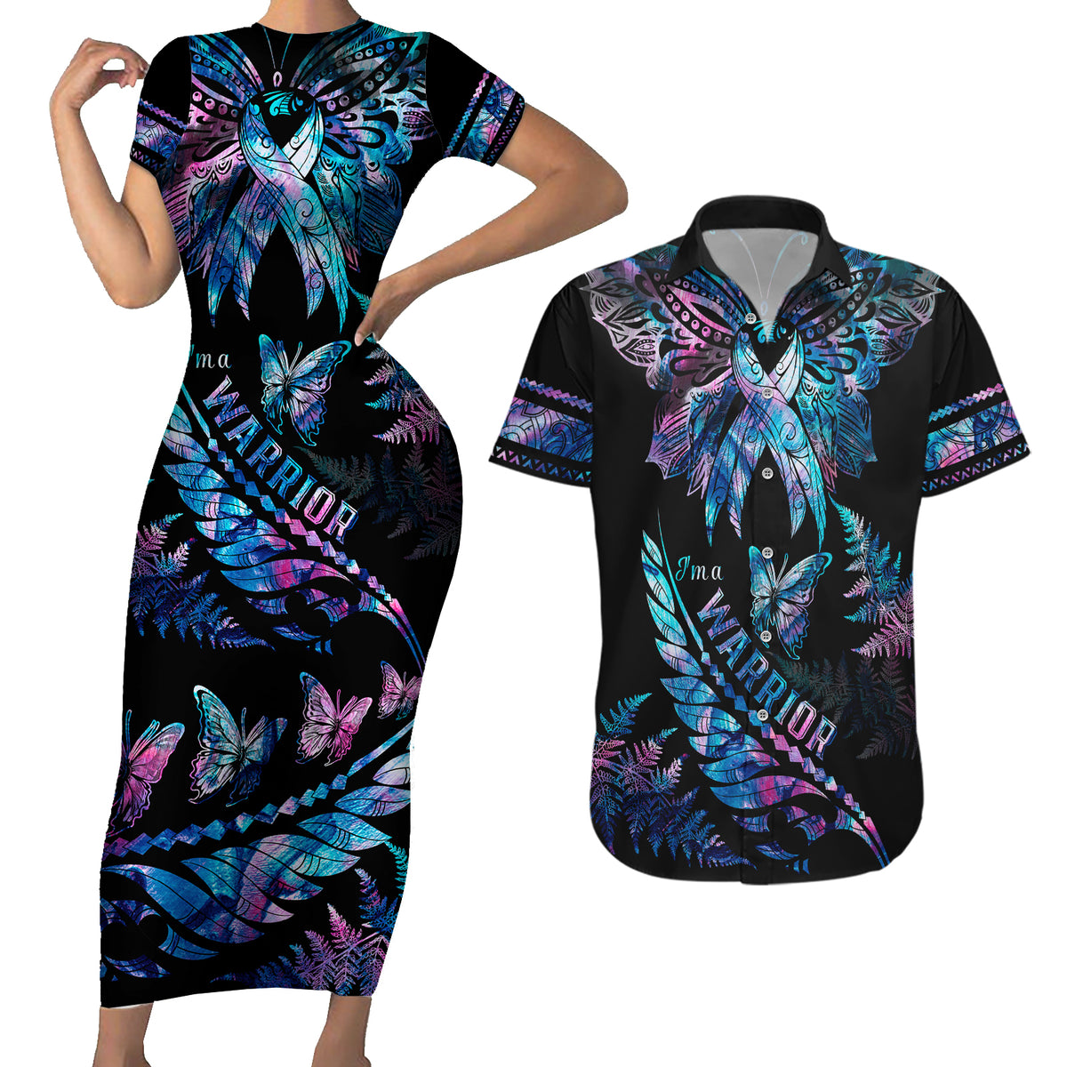 Polynesia Ribbon Butterflies Couples Matching Short Sleeve Bodycon Dress and Hawaiian Shirt Silver Fern Breast Cancer With Papua Shell Pattern LT9 Black - Polynesian Pride