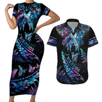 Polynesia Ribbon Butterflies Couples Matching Short Sleeve Bodycon Dress and Hawaiian Shirt Silver Fern Breast Cancer With Papua Shell Pattern LT9 Black - Polynesian Pride