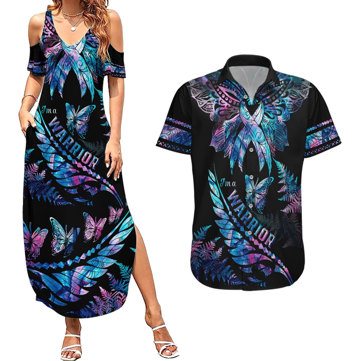 Polynesia Ribbon Butterflies Couples Matching Summer Maxi Dress and Hawaiian Shirt Silver Fern Breast Cancer With Papua Shell Pattern LT9 Black - Polynesian Pride