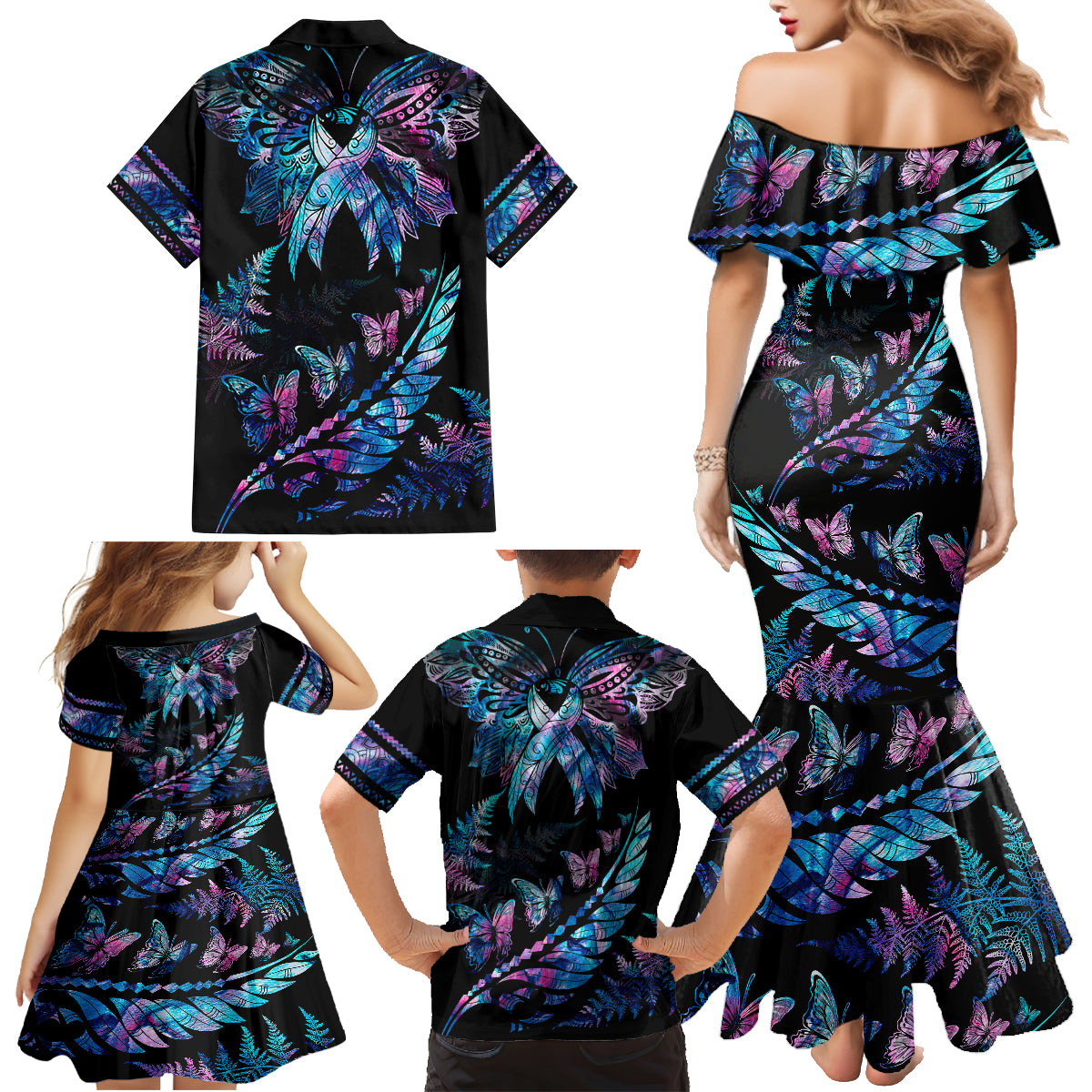Polynesia Ribbon Butterflies Family Matching Mermaid Dress and Hawaiian Shirt Silver Fern Breast Cancer With Papua Shell Pattern LT9 - Polynesian Pride