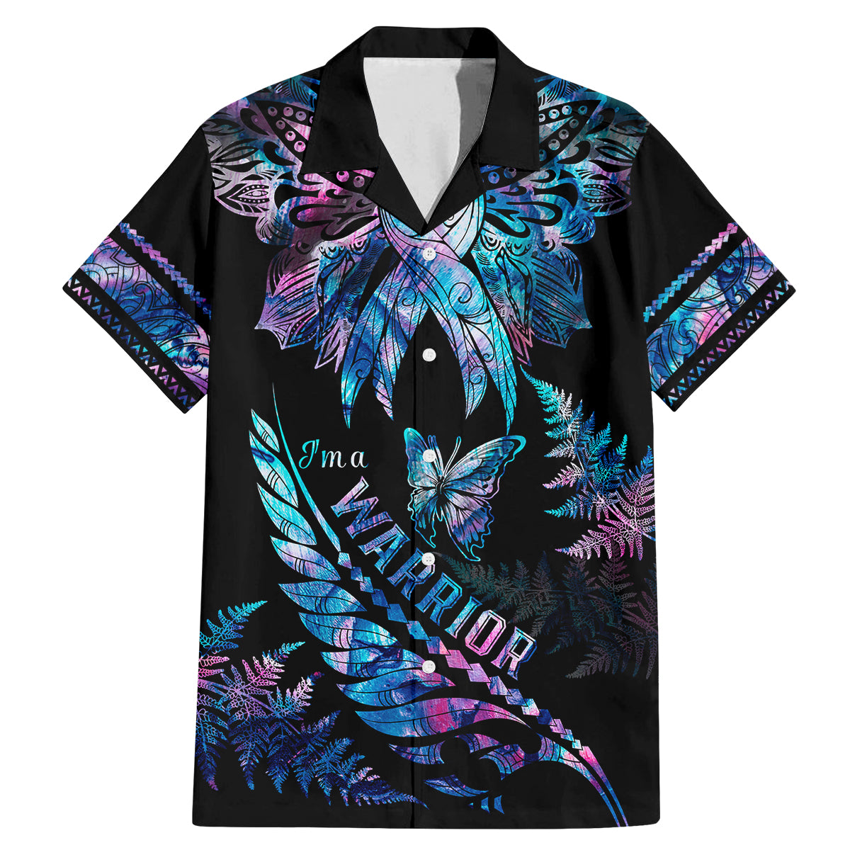 Polynesia Ribbon Butterflies Family Matching Mermaid Dress and Hawaiian Shirt Silver Fern Breast Cancer With Papua Shell Pattern LT9 Dad's Shirt - Short Sleeve Black - Polynesian Pride