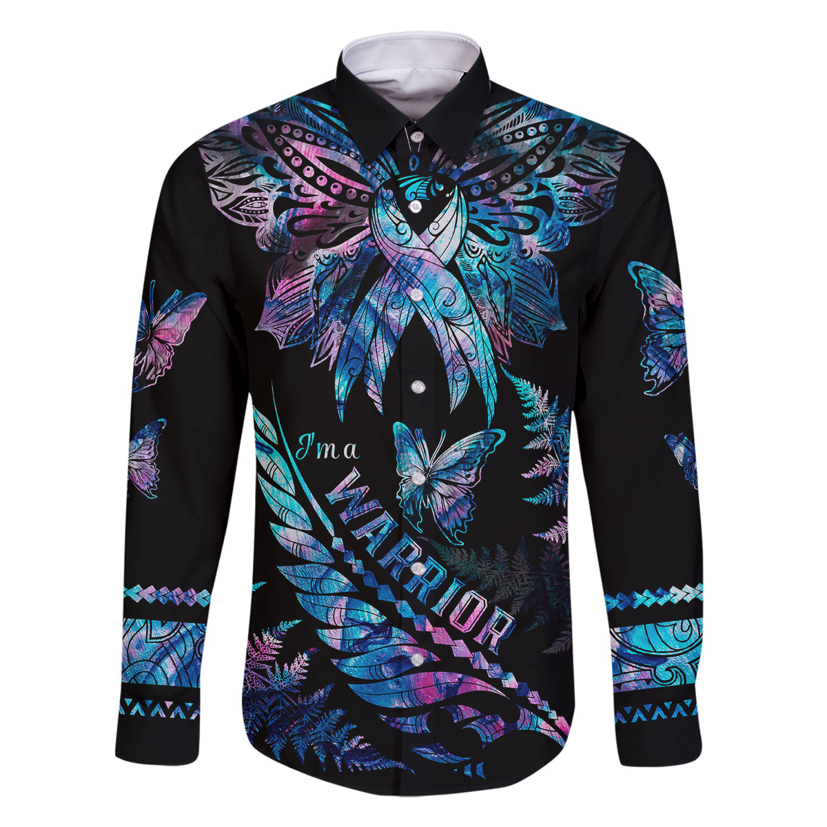 Polynesia Ribbon Butterflies Family Matching Mermaid Dress and Hawaiian Shirt Silver Fern Breast Cancer With Papua Shell Pattern LT9 Dad's Shirt - Long Sleeve Black - Polynesian Pride