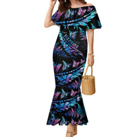 Polynesia Ribbon Butterflies Family Matching Mermaid Dress and Hawaiian Shirt Silver Fern Breast Cancer With Papua Shell Pattern LT9 Mom's Dress Black - Polynesian Pride