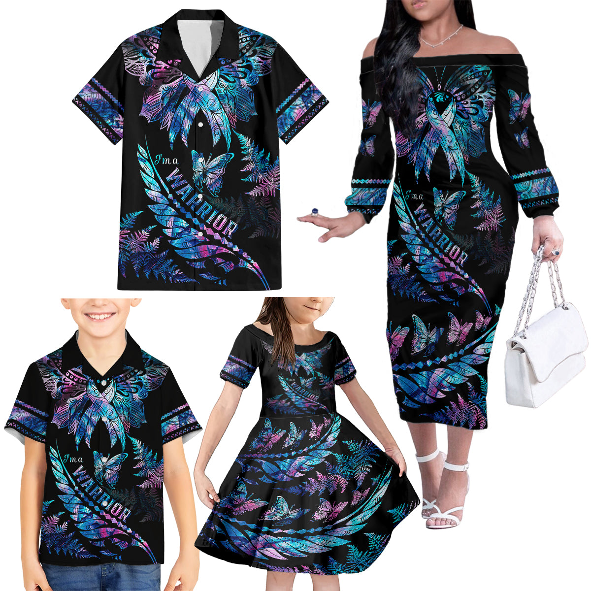 Polynesia Ribbon Butterflies Family Matching Off Shoulder Long Sleeve Dress and Hawaiian Shirt Silver Fern Breast Cancer With Papua Shell Pattern LT9 - Polynesian Pride