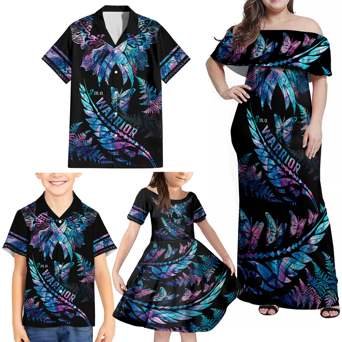 Polynesia Ribbon Butterflies Family Matching Off Shoulder Maxi Dress and Hawaiian Shirt Silver Fern Breast Cancer With Papua Shell Pattern LT9 - Polynesian Pride