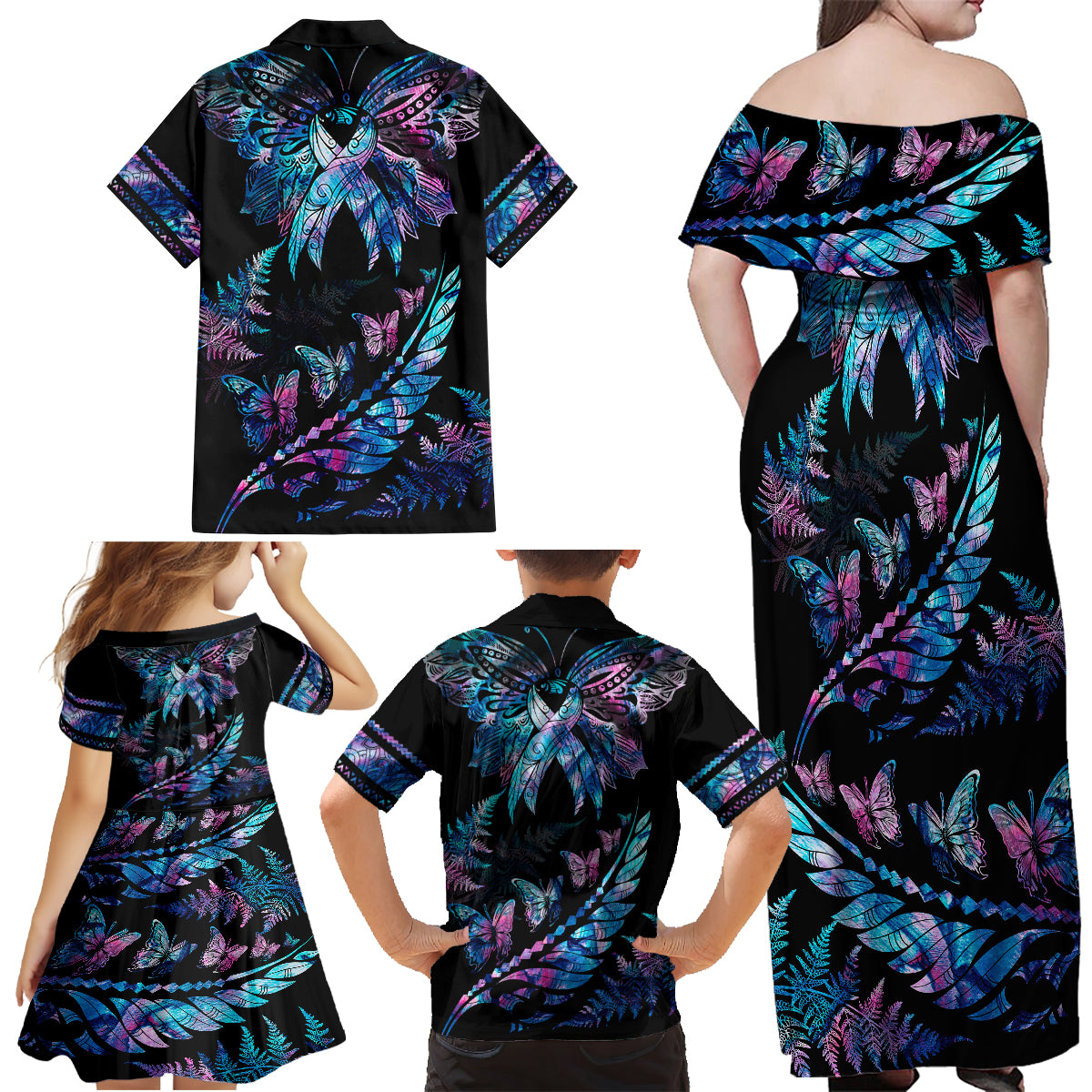 Polynesia Ribbon Butterflies Family Matching Off Shoulder Maxi Dress and Hawaiian Shirt Silver Fern Breast Cancer With Papua Shell Pattern LT9 - Polynesian Pride