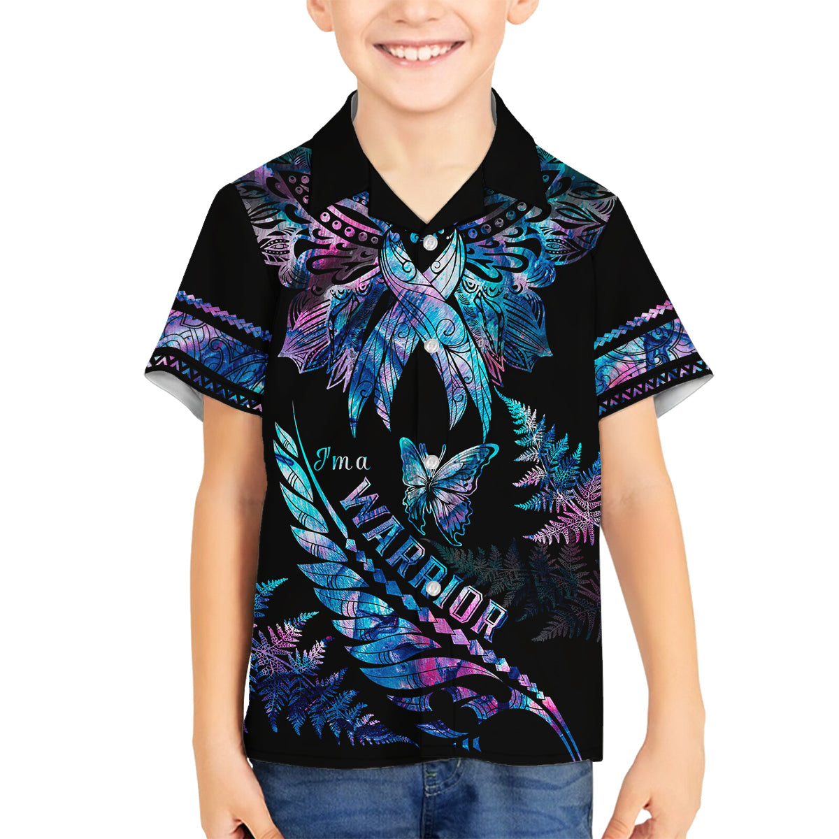 Polynesia Ribbon Butterflies Family Matching Off Shoulder Maxi Dress and Hawaiian Shirt Silver Fern Breast Cancer With Papua Shell Pattern LT9 Son's Shirt Black - Polynesian Pride
