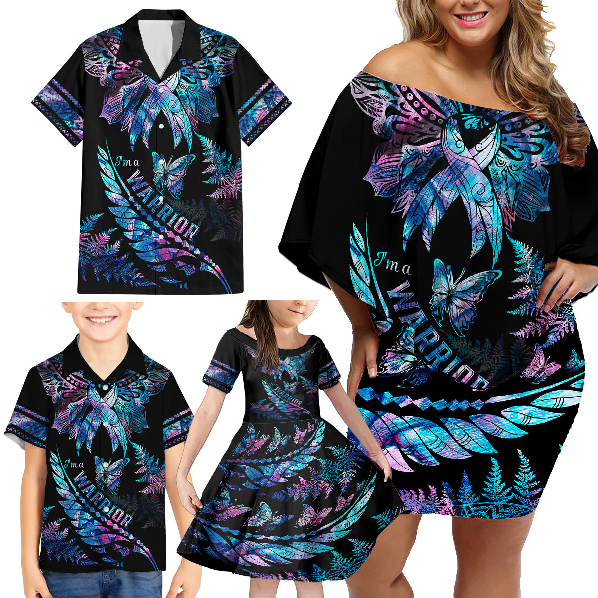 Polynesia Ribbon Butterflies Family Matching Off Shoulder Short Dress and Hawaiian Shirt Silver Fern Breast Cancer With Papua Shell Pattern LT9 - Polynesian Pride
