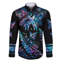 Polynesia Ribbon Butterflies Family Matching Puletasi Dress and Hawaiian Shirt Silver Fern Breast Cancer With Papua Shell Pattern LT9 Dad's Shirt - Long Sleeve Black - Polynesian Pride
