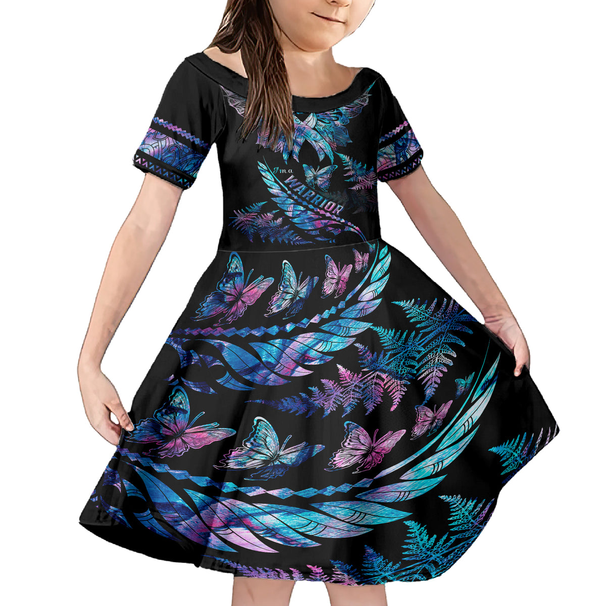 Polynesia Ribbon Butterflies Family Matching Short Sleeve Bodycon Dress and Hawaiian Shirt Silver Fern Breast Cancer With Papua Shell Pattern LT9 Daughter's Dress Black - Polynesian Pride