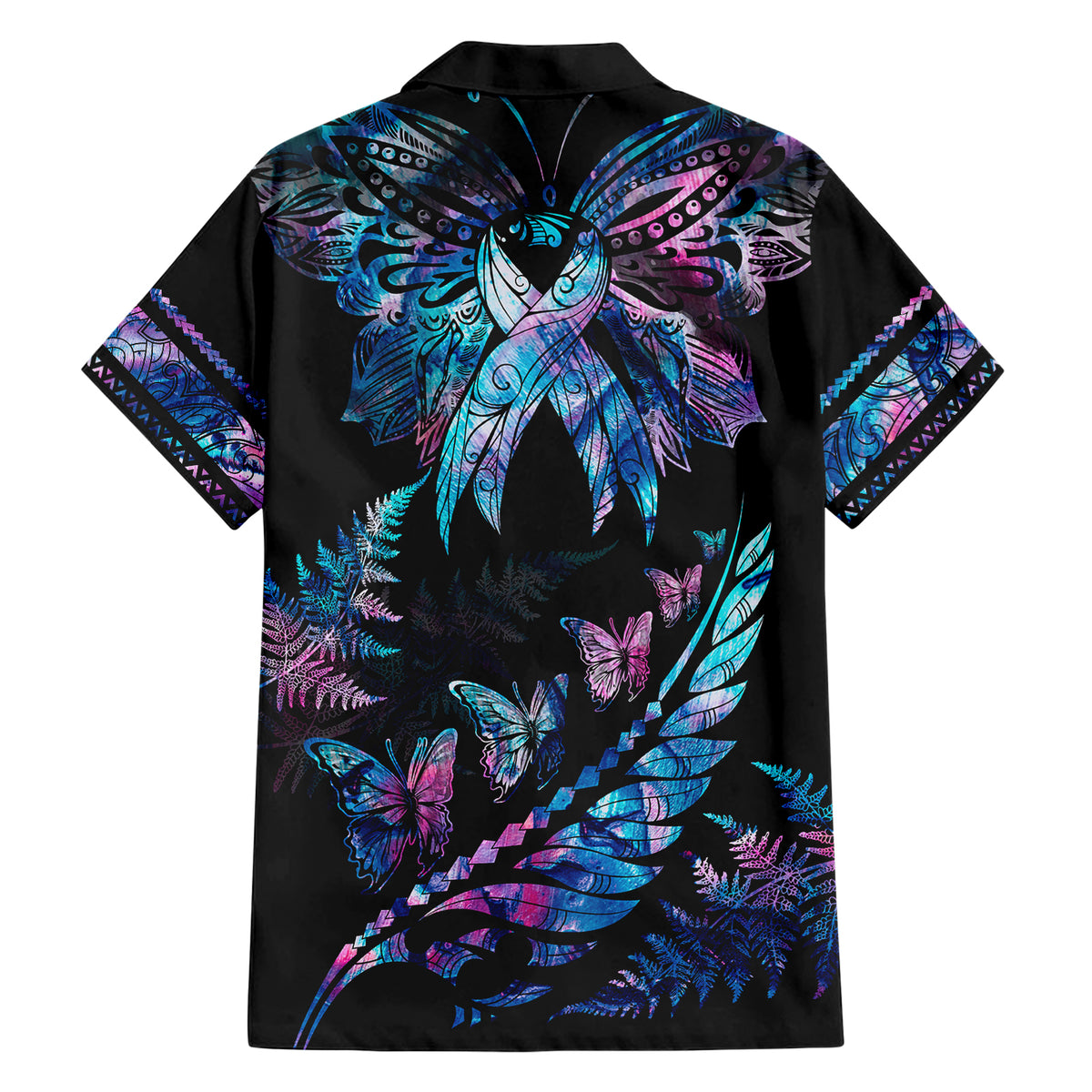 Polynesia Ribbon Butterflies Family Matching Short Sleeve Bodycon Dress and Hawaiian Shirt Silver Fern Breast Cancer With Papua Shell Pattern LT9 - Polynesian Pride