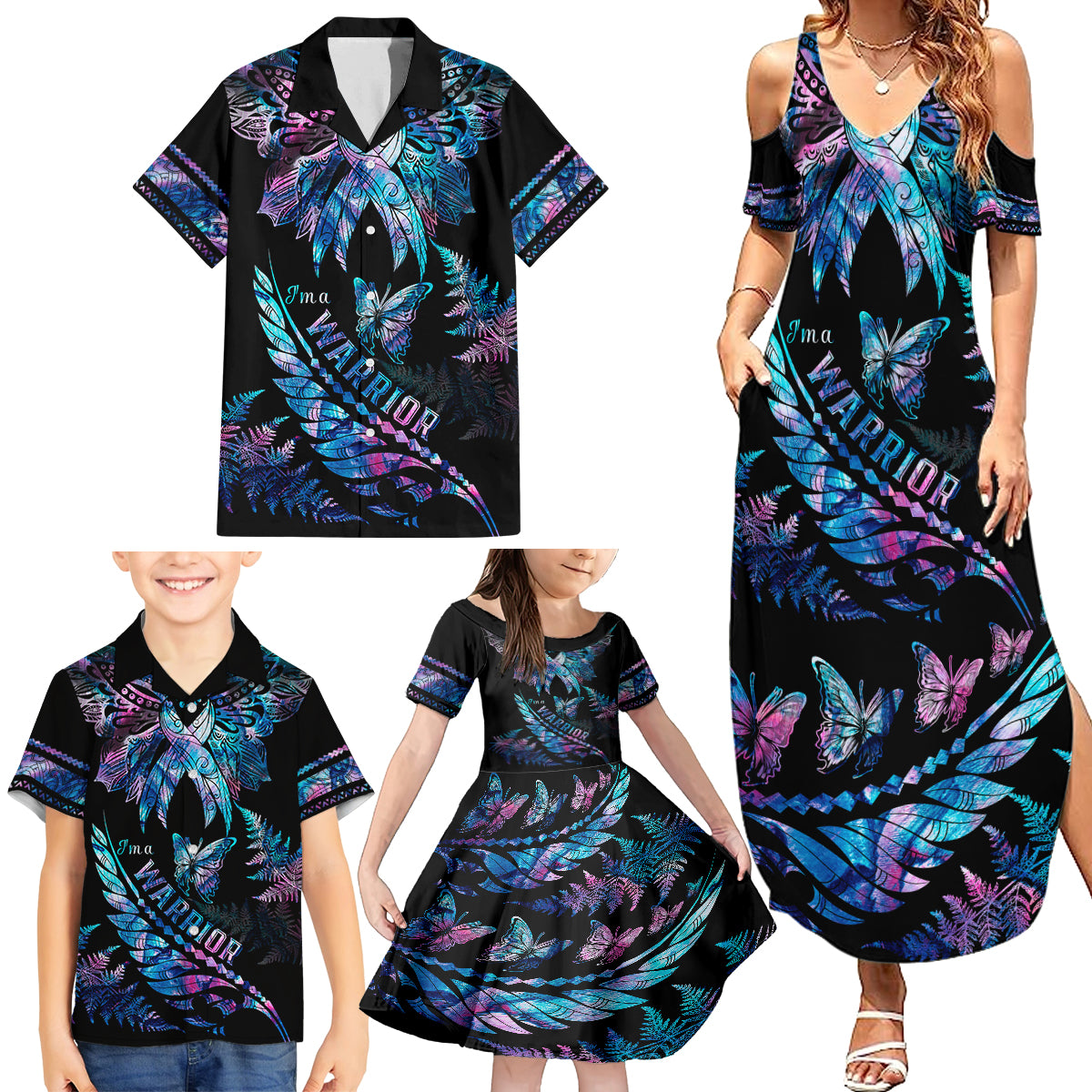 Polynesia Ribbon Butterflies Family Matching Summer Maxi Dress and Hawaiian Shirt Silver Fern Breast Cancer With Papua Shell Pattern LT9 - Polynesian Pride