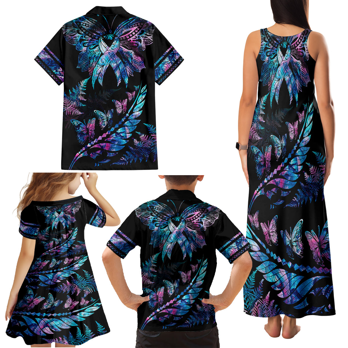 Polynesia Ribbon Butterflies Family Matching Tank Maxi Dress and Hawaiian Shirt Silver Fern Breast Cancer With Papua Shell Pattern LT9 - Polynesian Pride