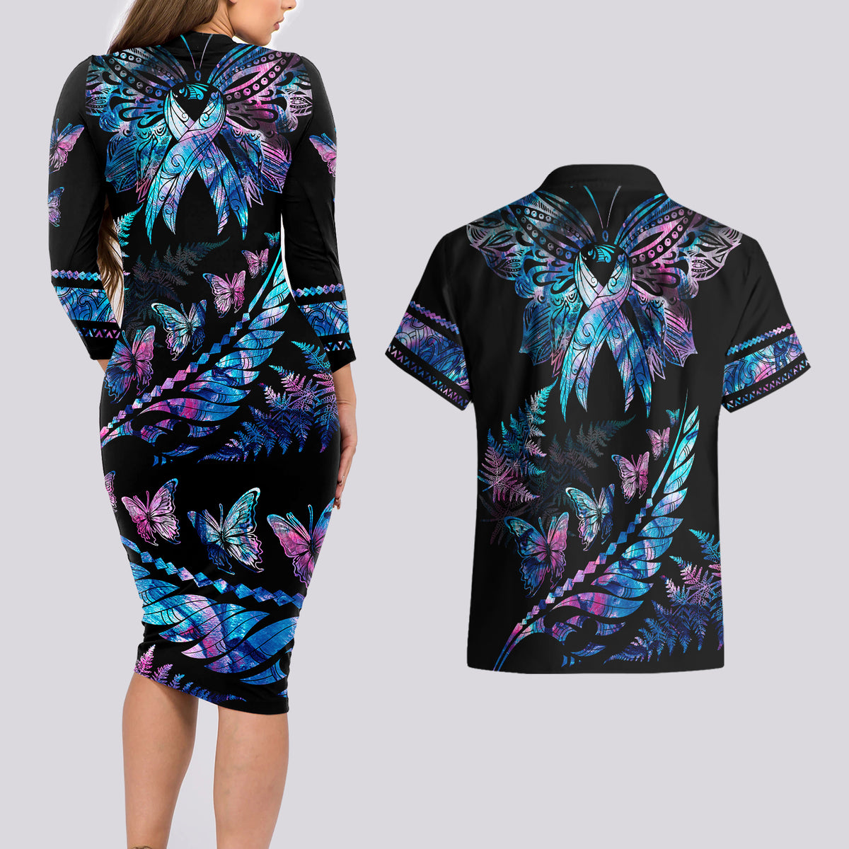 Personalised Polynesia Ribbon Butterflies Couples Matching Long Sleeve Bodycon Dress and Hawaiian Shirt Silver Fern Breast Cancer With Papua Shell Pattern LT9 - Polynesian Pride