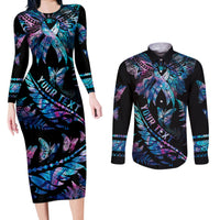 Personalised Polynesia Ribbon Butterflies Couples Matching Long Sleeve Bodycon Dress and Long Sleeve Button Shirts Silver Fern Breast Cancer With Papua Shell Pattern LT9 Black - Polynesian Pride