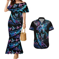 Personalised Polynesia Ribbon Butterflies Couples Matching Mermaid Dress and Hawaiian Shirt Silver Fern Breast Cancer With Papua Shell Pattern LT9 Black - Polynesian Pride