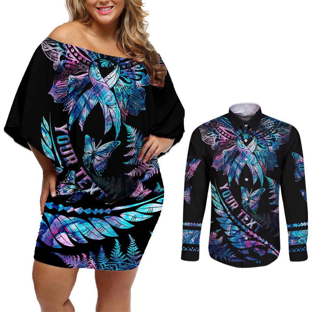 Personalised Polynesia Ribbon Butterflies Couples Matching Off Shoulder Short Dress and Long Sleeve Button Shirts Silver Fern Breast Cancer With Papua Shell Pattern LT9 Black - Polynesian Pride