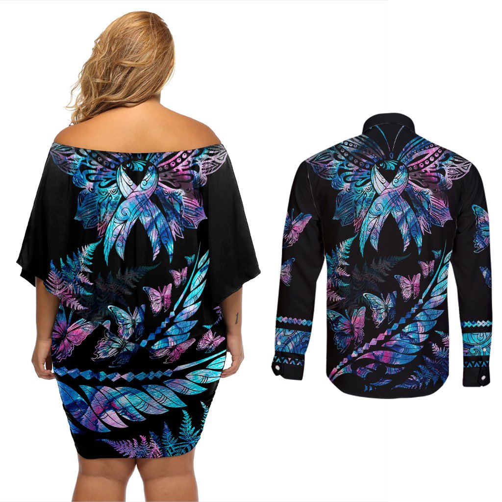 Personalised Polynesia Ribbon Butterflies Couples Matching Off Shoulder Short Dress and Long Sleeve Button Shirts Silver Fern Breast Cancer With Papua Shell Pattern LT9 - Polynesian Pride