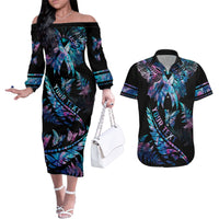 Personalised Polynesia Ribbon Butterflies Couples Matching Off The Shoulder Long Sleeve Dress and Hawaiian Shirt Silver Fern Breast Cancer With Papua Shell Pattern LT9 Black - Polynesian Pride