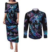 Personalised Polynesia Ribbon Butterflies Couples Matching Puletasi Dress and Long Sleeve Button Shirts Silver Fern Breast Cancer With Papua Shell Pattern LT9 Black - Polynesian Pride